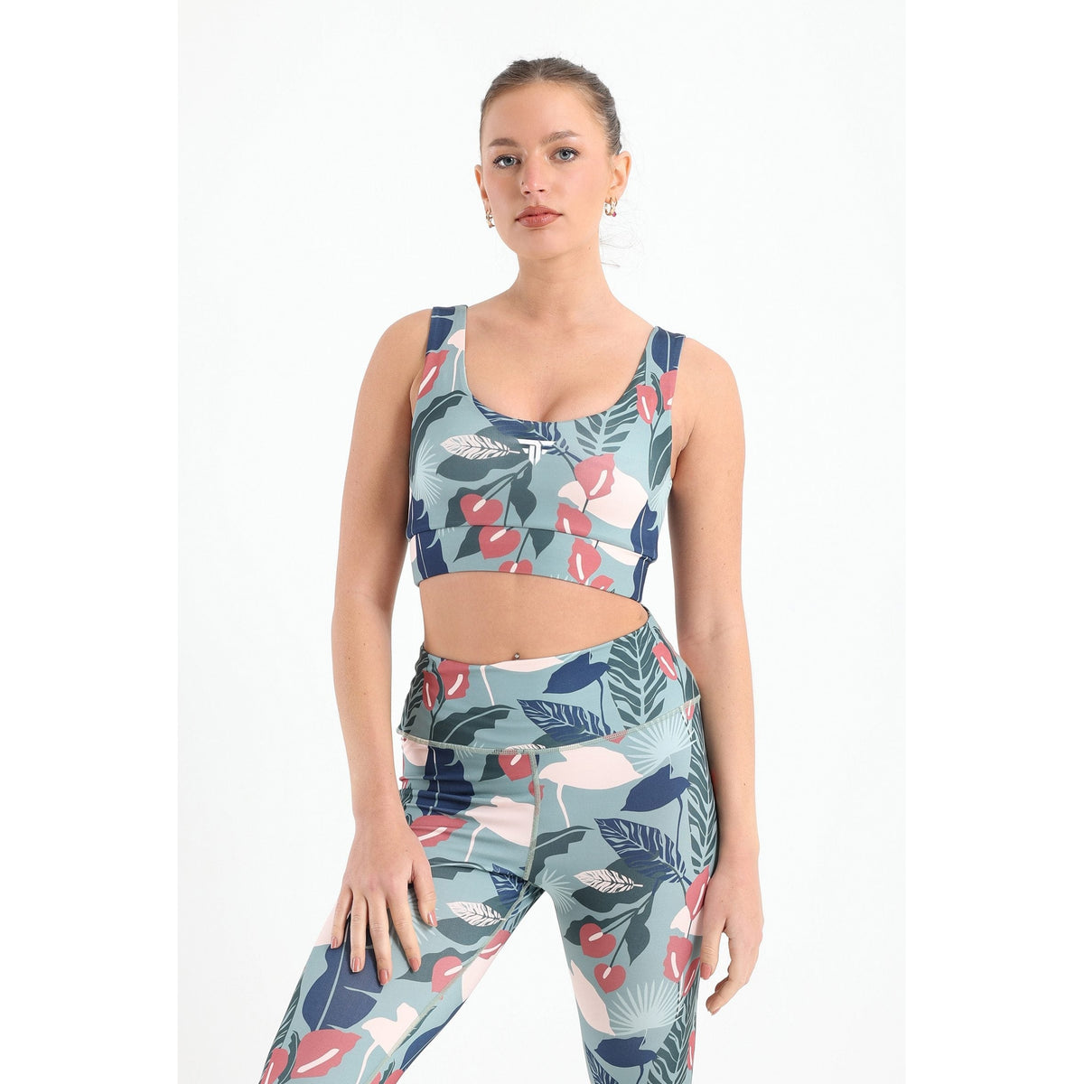 Green palm printed sports bra