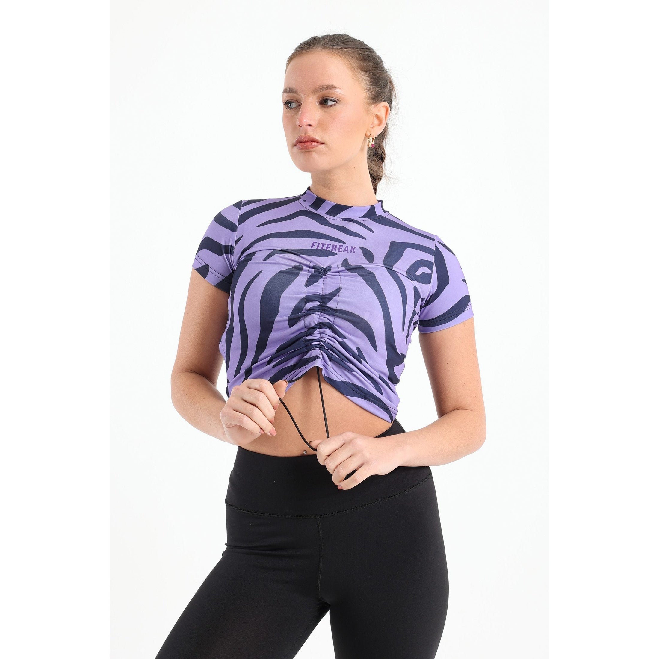 Front drawstring zebra printed top in purple