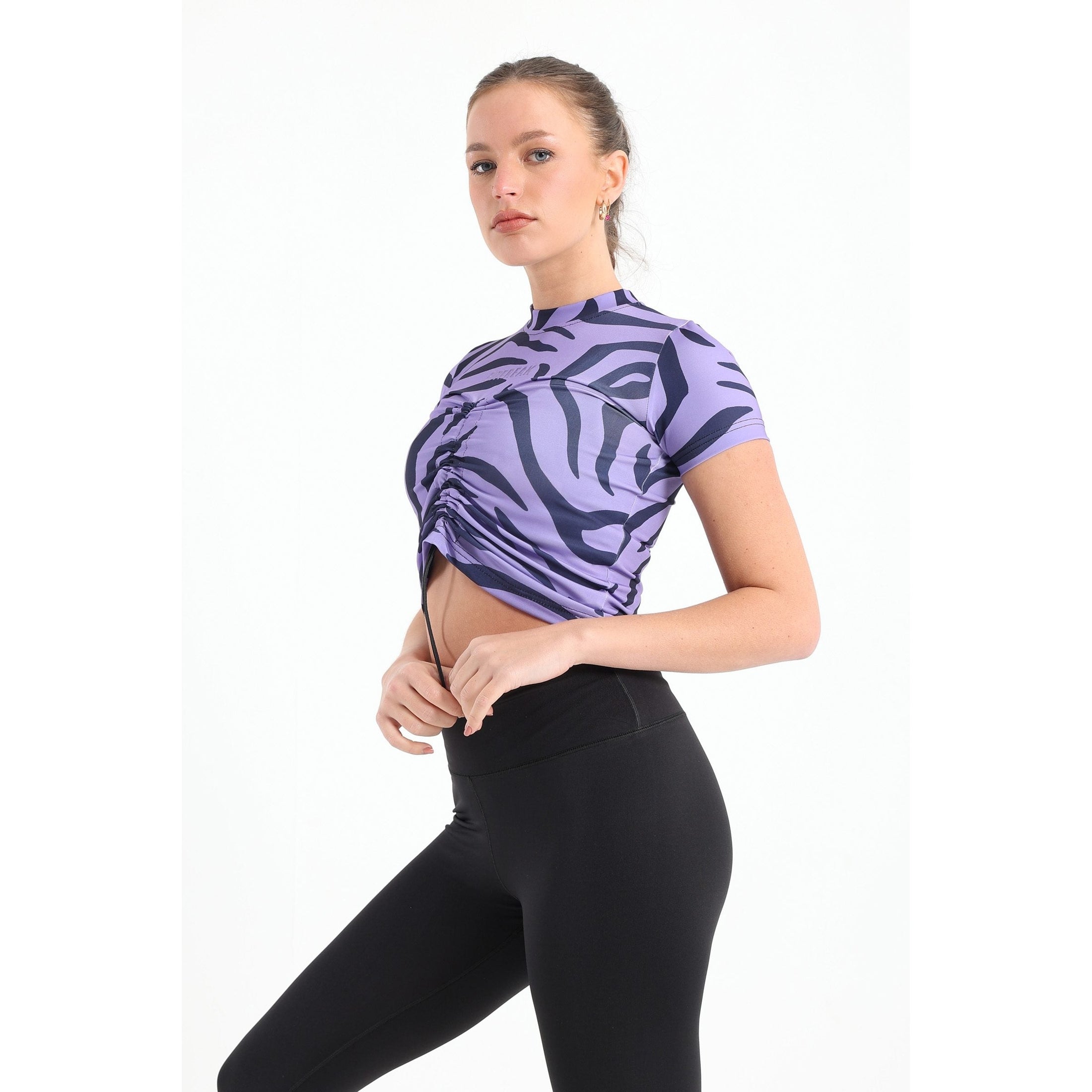 Front drawstring zebra printed top in purple