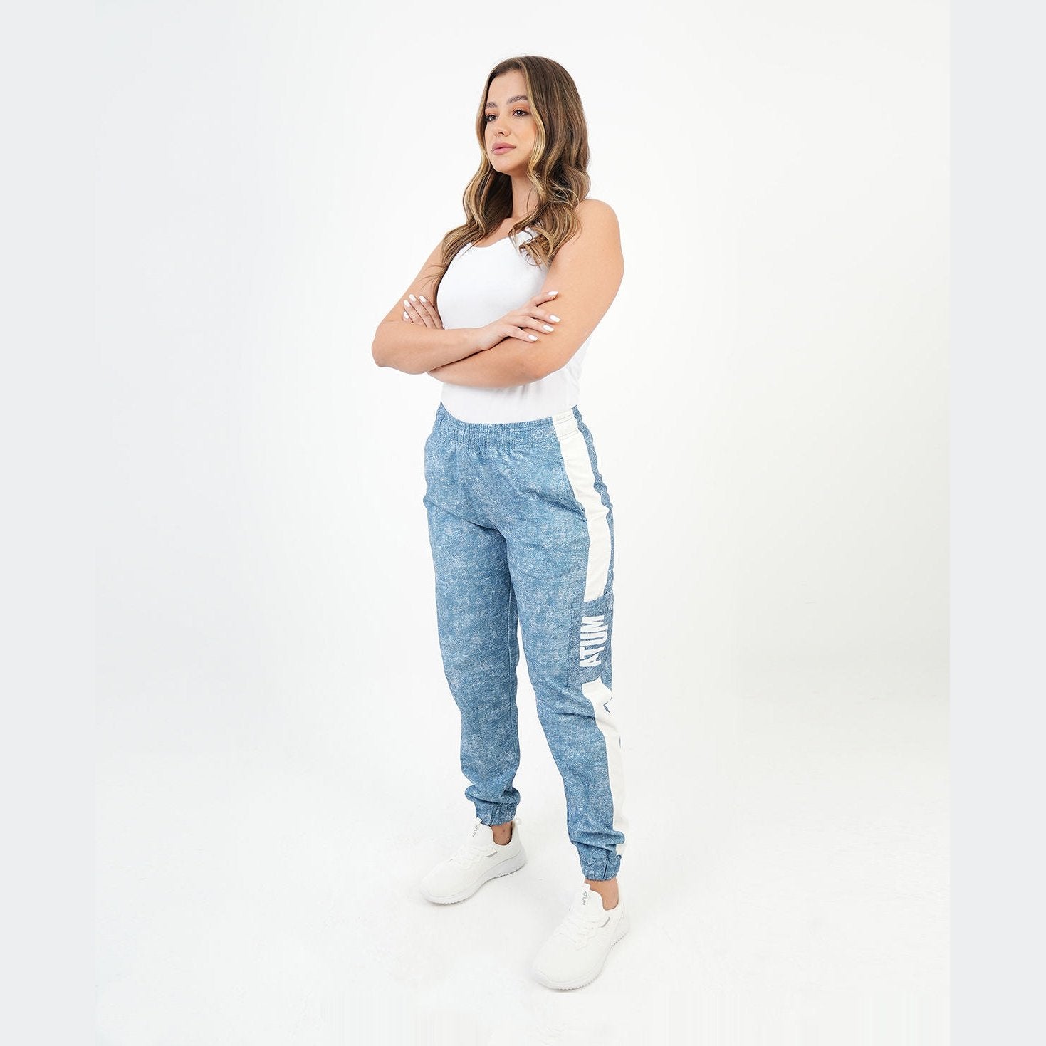 ATUM| Gym Track Pants With Side Panel - Navy with White printed