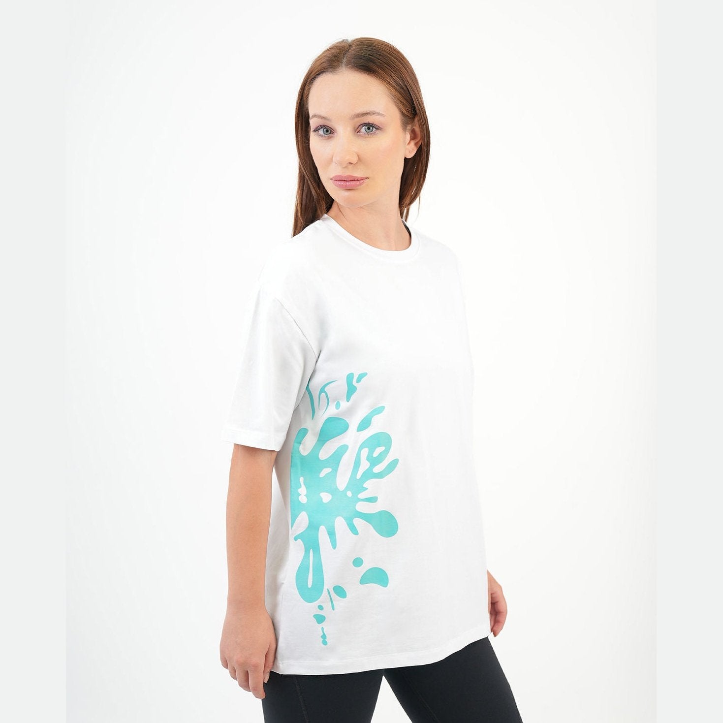 ATUM| Oversized Splash Women's T-Shirt - White With DarkTurquoise panting 