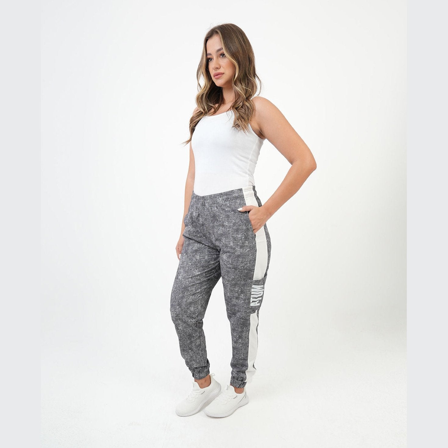 ATUM| Gym Track Pants With Side Panel - Black with White printed