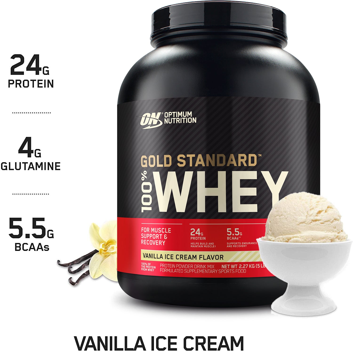 Gold Standard 100 Whey Protein Powder - Vanilla Ice Cream 2.27 Kgs (5 lbs)